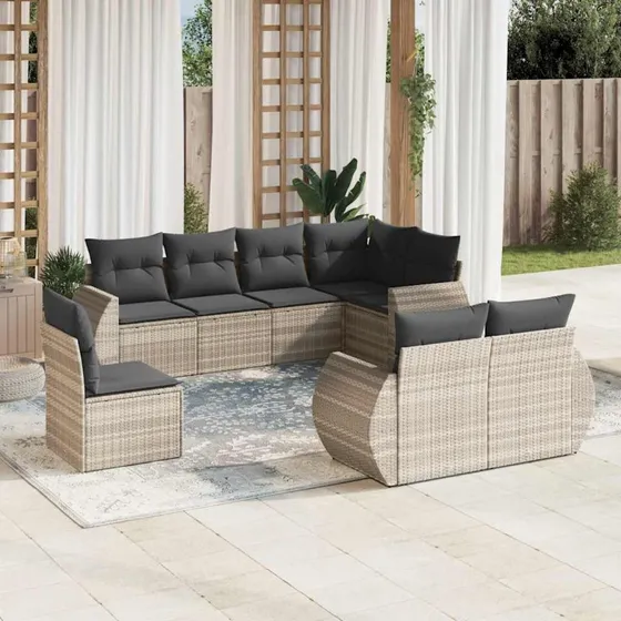 Havesofasæt i polyrattan 8 dele med hynder - Lysegrå