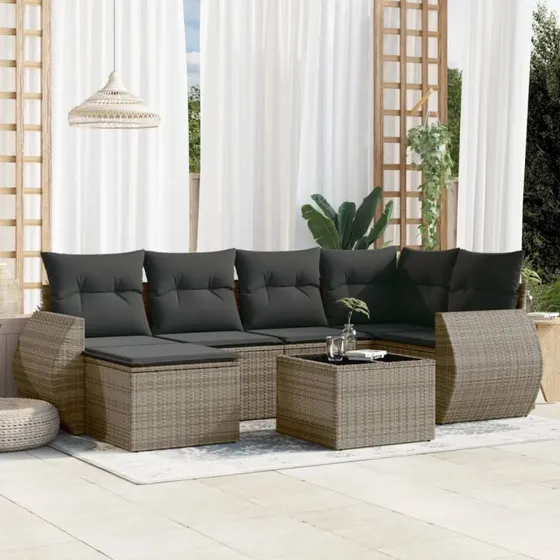 Havesofa sæt 7 dele i polyrattan grå med hynder
