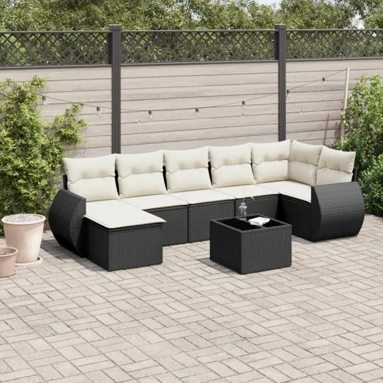 Havesofasæt 7 dele i sort polyrattan med hynder