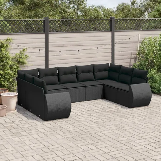 Havesofasæt 9 dele polyrattan sort med hynder