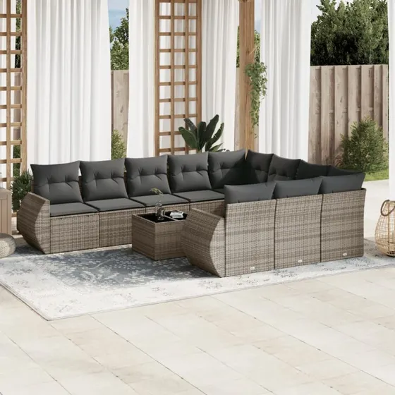 Loungesæt i polyrattan 11 dele med hynder, grå
