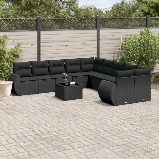 Havesofasæt i polyrattan 11 dele med hynder, sort