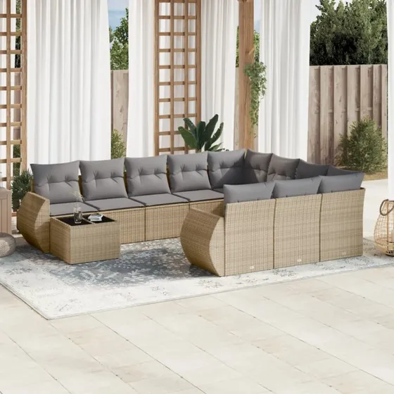 11-dele havemøbelsæt i polyrattan med hynder - beige