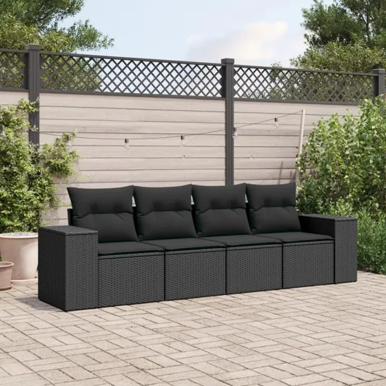 Havesofasæt i polyrattan 4 dele med hynder – sort