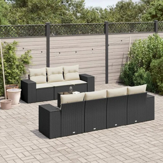 Havesæt 8 dele i sort polyrattan med hynder