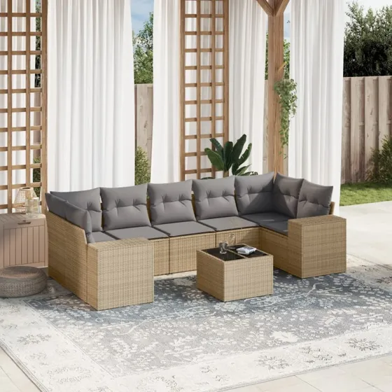 Havesæt 8 dele i polyrattan med hynder – Beige