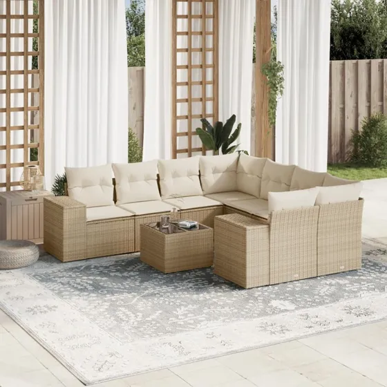 Sofasæt til haven 9 dele i polyrattan med hynder - beige