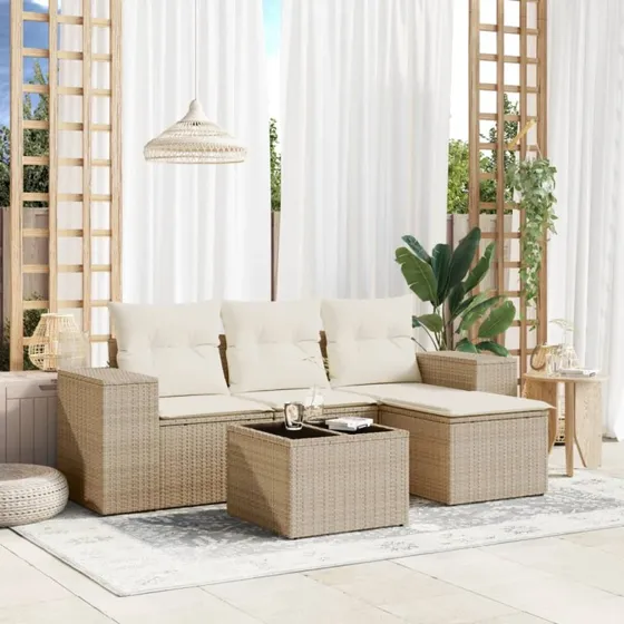 Havesofasæt 5 dele i polyrattan beige inkl. hynder