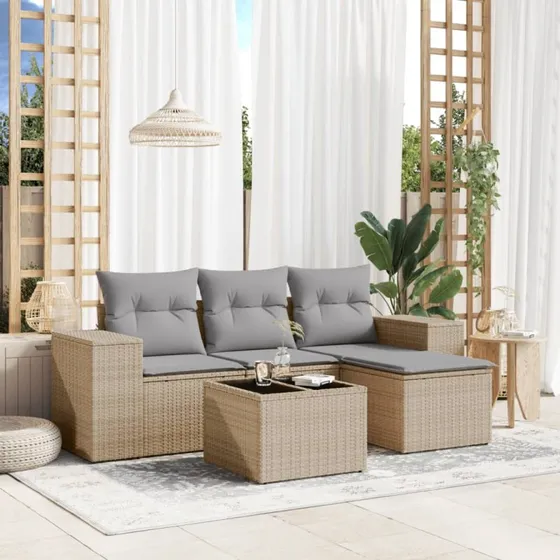 Polyrattan sofasæt til haven 5 dele med hynder - beige