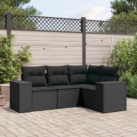Polyrattan sofasæt til haven 4 dele med hynder - sort