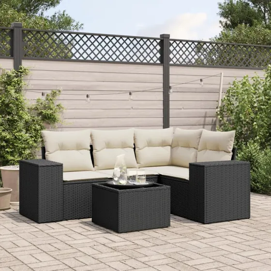 Havesofasæt 5 dele i polyrattan med hynder, sort