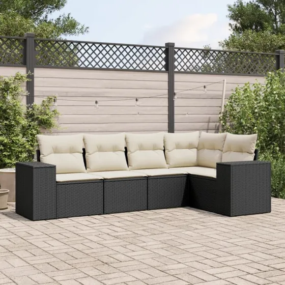 Havesofasæt 5 dele i sort polyrattan med hynder