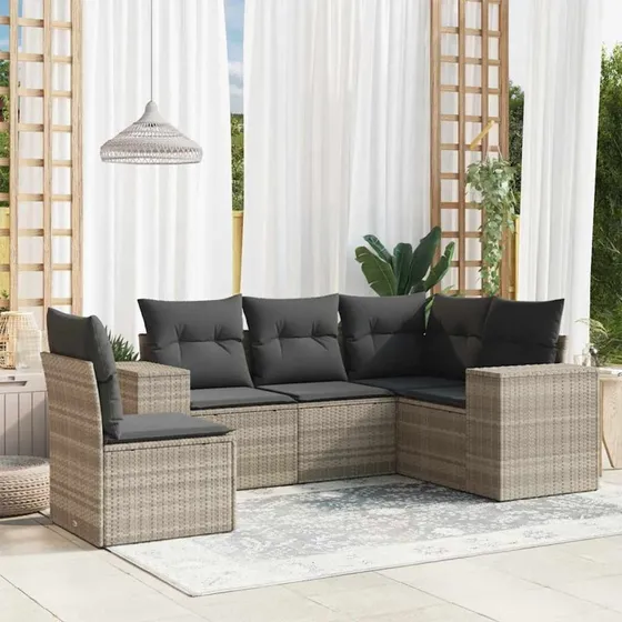 Havesofa sæt 5 dele i lysegrå polyrattan med hynder