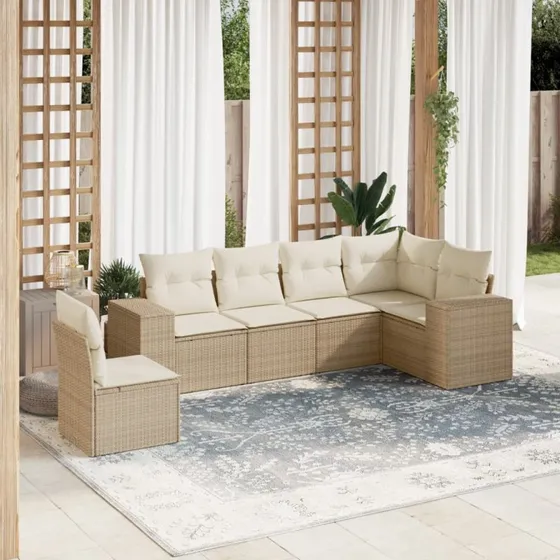 Havesæt 6 dele i polyrattan med hynder - beige