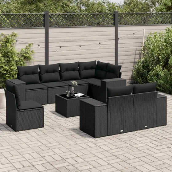 9-dele sofasæt til haven i sort polyrattan med hynder