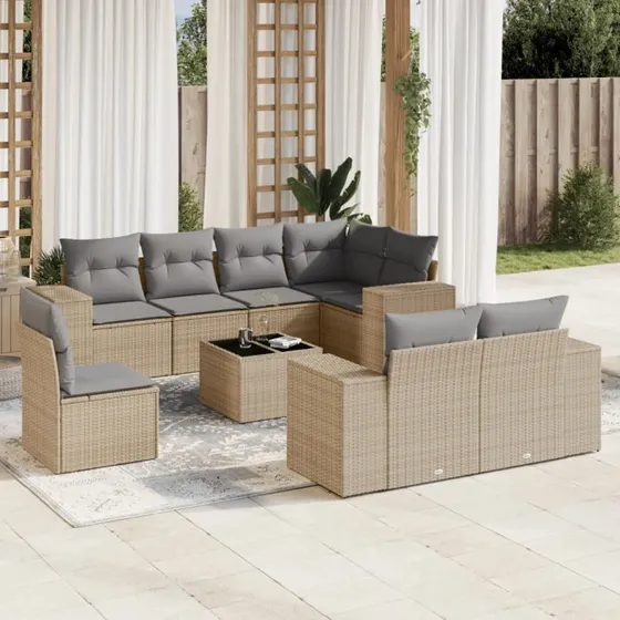 Havesæt 9 dele i polyrattan med hynder – beige