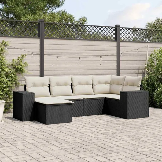 Sofasæt til haven 6 dele i polyrattan med hynder - sort