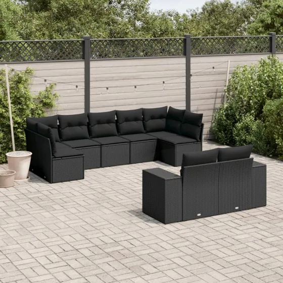 Sofasæt til havens lounge 9 dele i sort polyrattan