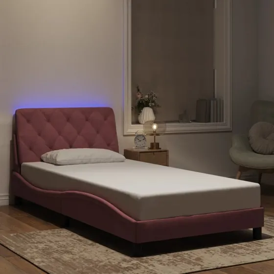Sengeramme 100x200 cm i pink velour med LED