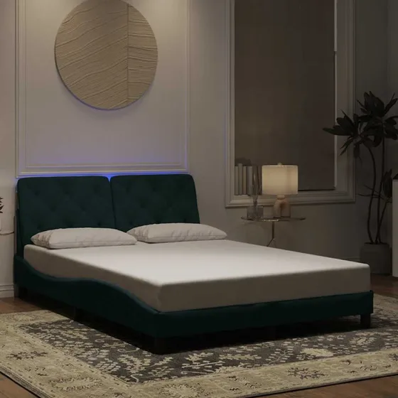 Sengeramme 120x200 cm velour med LED - mørkegrøn