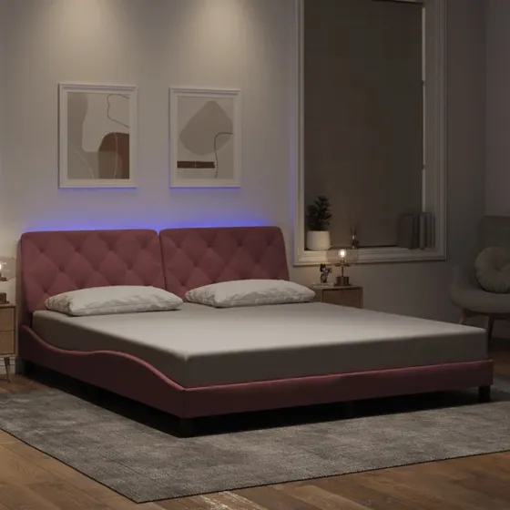 Velour sengeramme med LED 180x200 cm – Pink