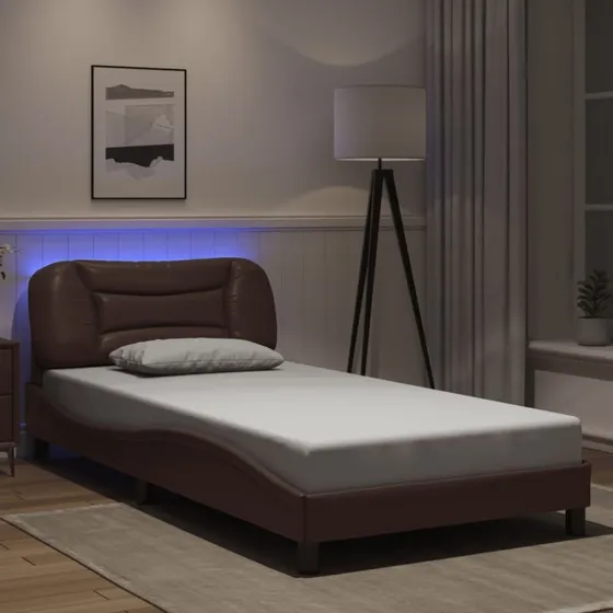 Sengeramme Hvar 100x200 cm med LED – brun kunstlæder