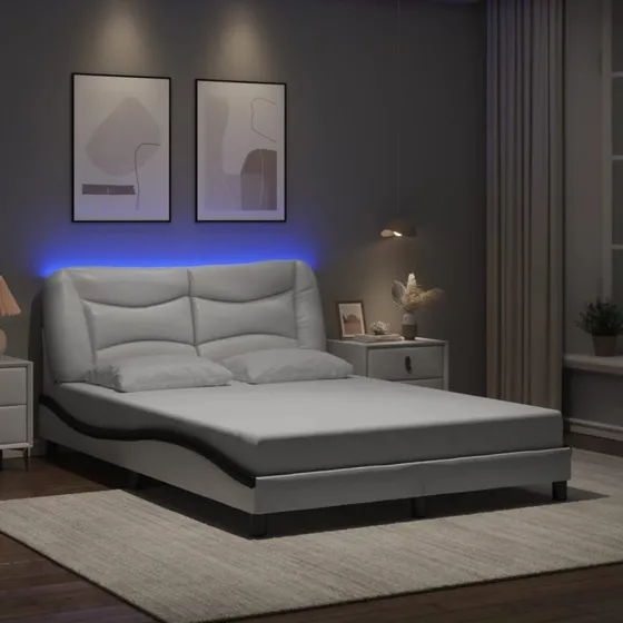 Hvar sengeramme 120x200 med LED - kunstlæder, hvid/sort