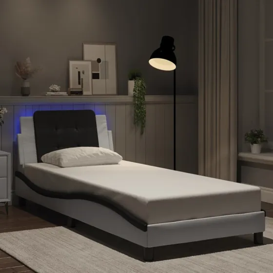Sengeramme Zadar LED 80x200 cm – kunstlæder, hvid/sort