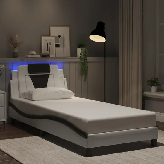 Sengeramme Viana LED 80x200 cm - kunstlæder, hvid/sort