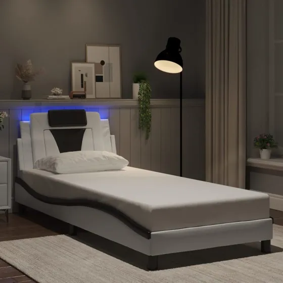 Sengeramme Viana LED 90x200 cm - kunstlæder hvid/sort