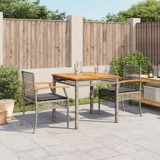 Spisebordssæt i polyrattan 3 dele med hynder - grå