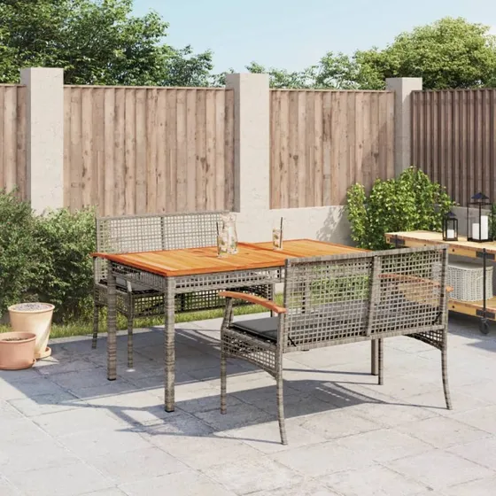 Spisebordssæt til have i polyrattan 3 dele med hynder, grå