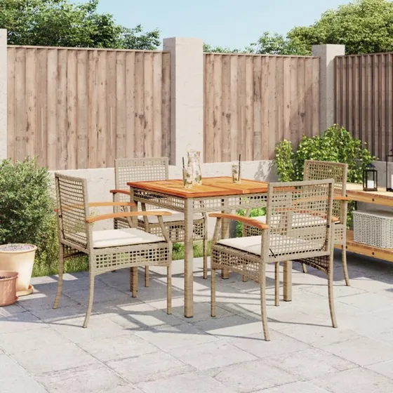 Spisebordssæt til haven 5 dele i polyrattan, beige