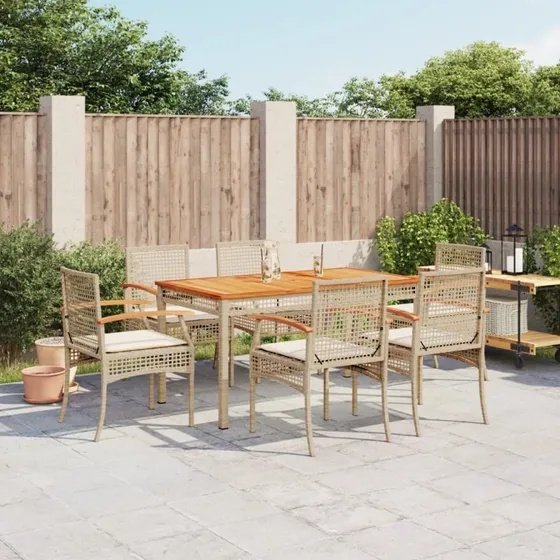 Spisebordssæt i polyrattan 7 dele med hynder - beige