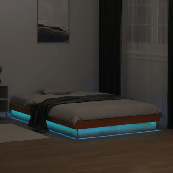 Sengeramme 120x190 cm i massivt fyrretræ med LED-lys