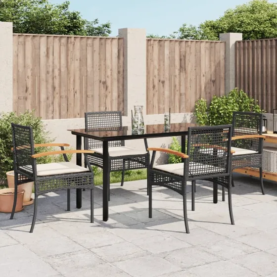 Spisebordssæt 5 dele i sort polyrattan med hynder