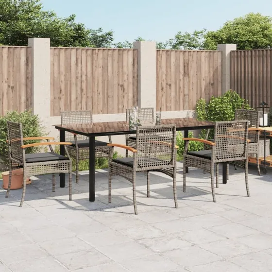Havemøbelsæt i polyrattan 7 dele med hynder – grå
