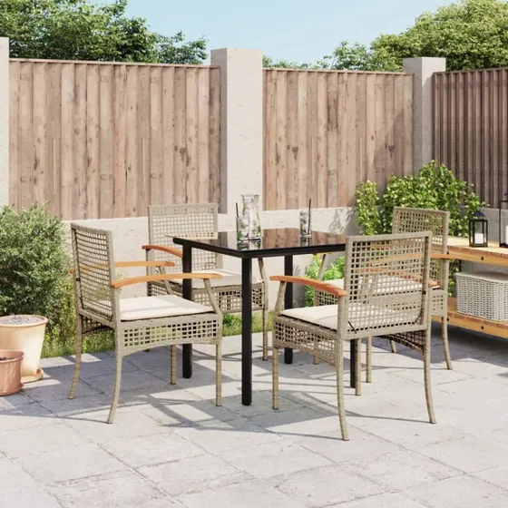 Spisebordssæt 5 dele i polyrattan beige m. hynder