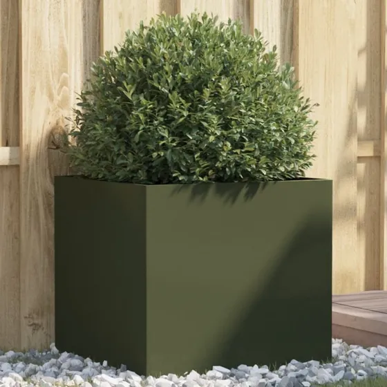 Olivengrøn plantekasse i koldvalset stål 49x47x46 cm