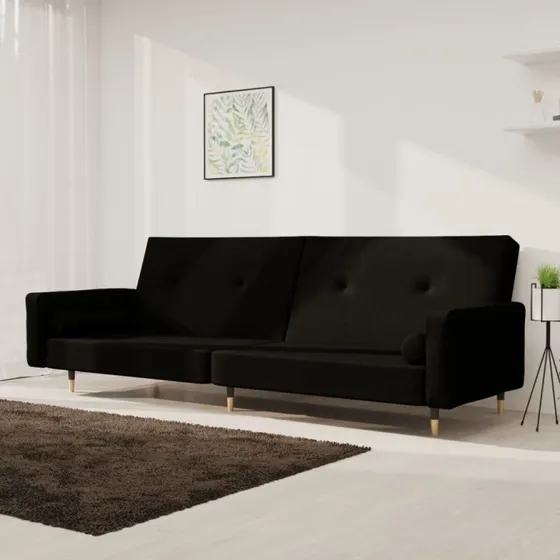 2-personers sovesofa i sort velour med 2 puder