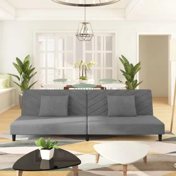 2-personers sovesofa i lysegrå velour med 2 puder