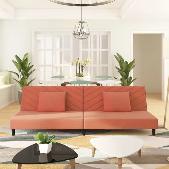 2-personers sovesofa i fløjl lyserød m. 2 puder