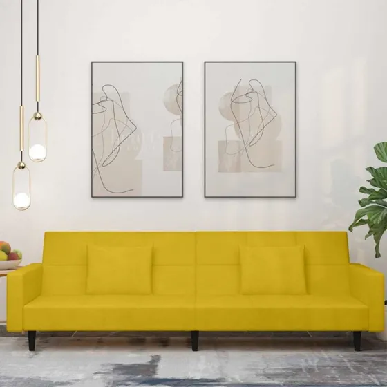 2-personers fljls sovesofa gul med 2 puder