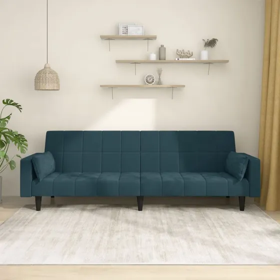 2-personers sovesofa i bl velour med 2 puder