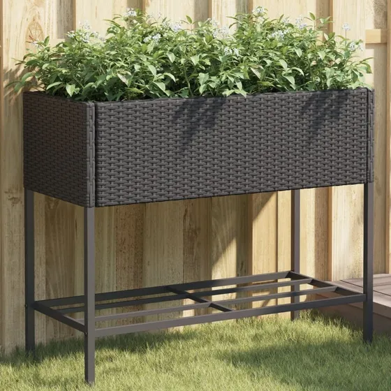 Plantekasse med hylde i sort polyrattan (PE-rattan)