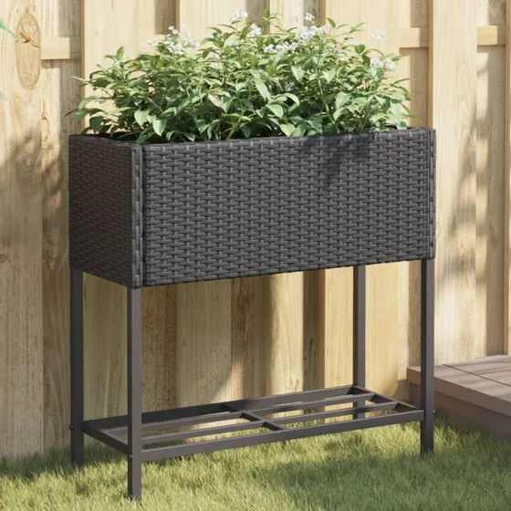 Plantekasse med hylde i polyrattan, sort