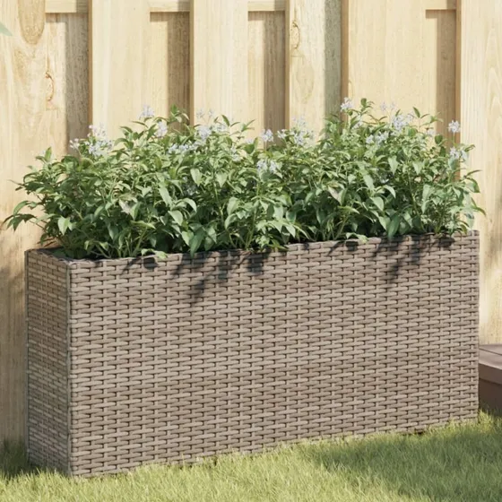 Plantekasse med hjul & 2 krukker 90x20x40 cm - Polyrattan
