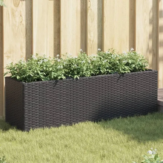Plantekasse med 3 krukker 105x30x32 cm - Sort polyrattan