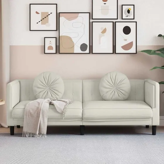 3-personers veloursofa med hynder - creme