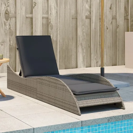 Liggestol i polyrattan med hynde 60x205x73 cm - grå